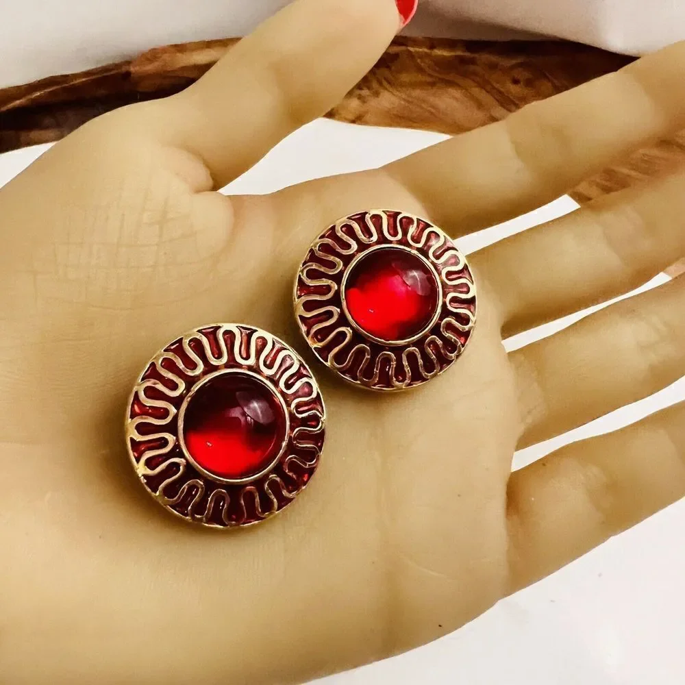Vintage Galleria Gripoix Earrings Clip On Red Glass Enamel Gold Tone Round 4619